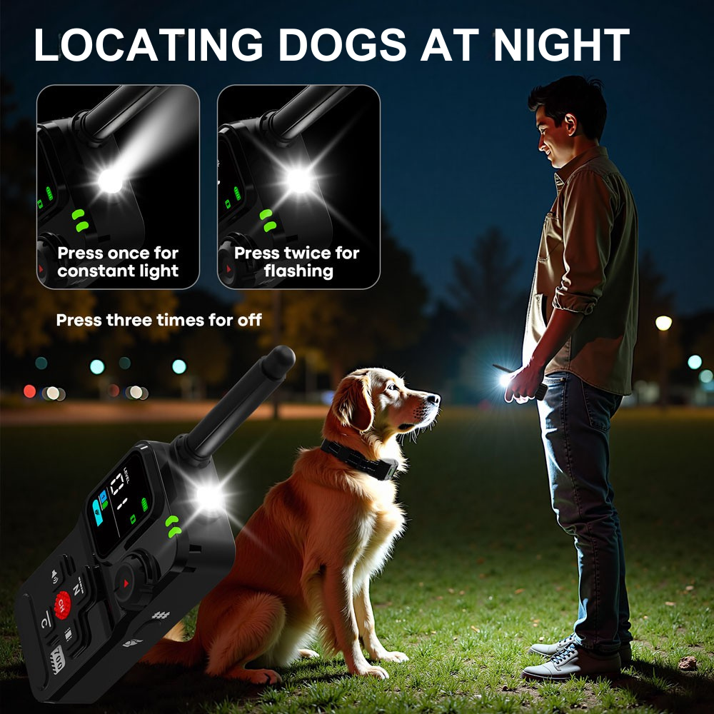 Person using a remote control to locate dogs at night with a dog sitting attentively.