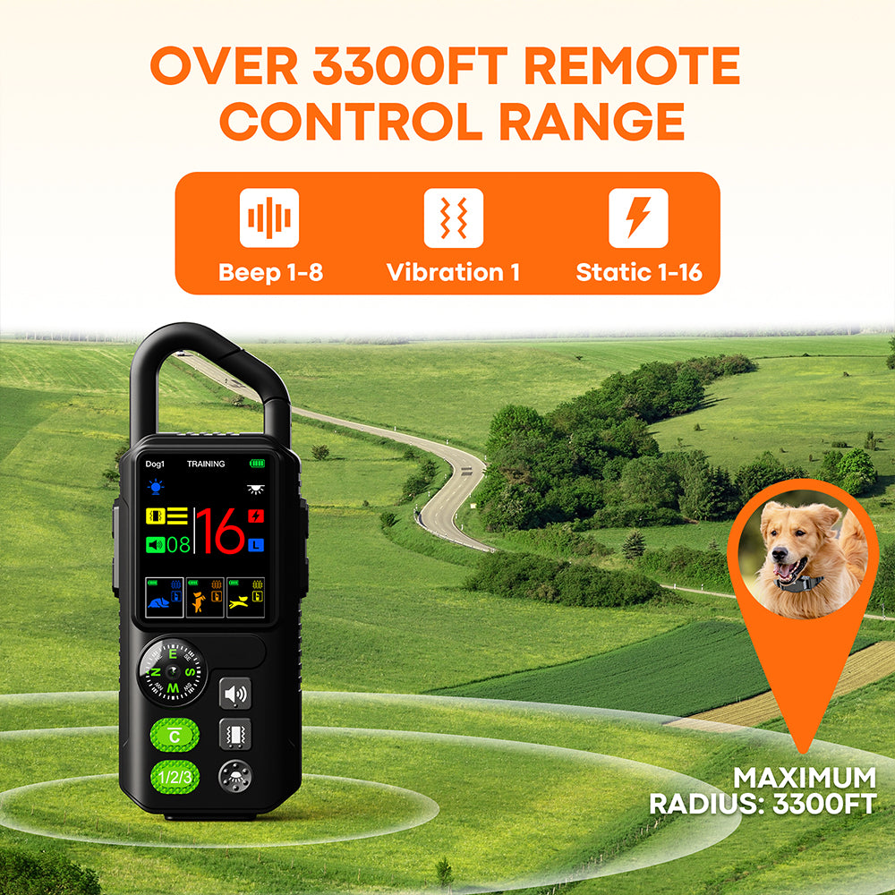 Dog training device with remote control range display on a green landscape background