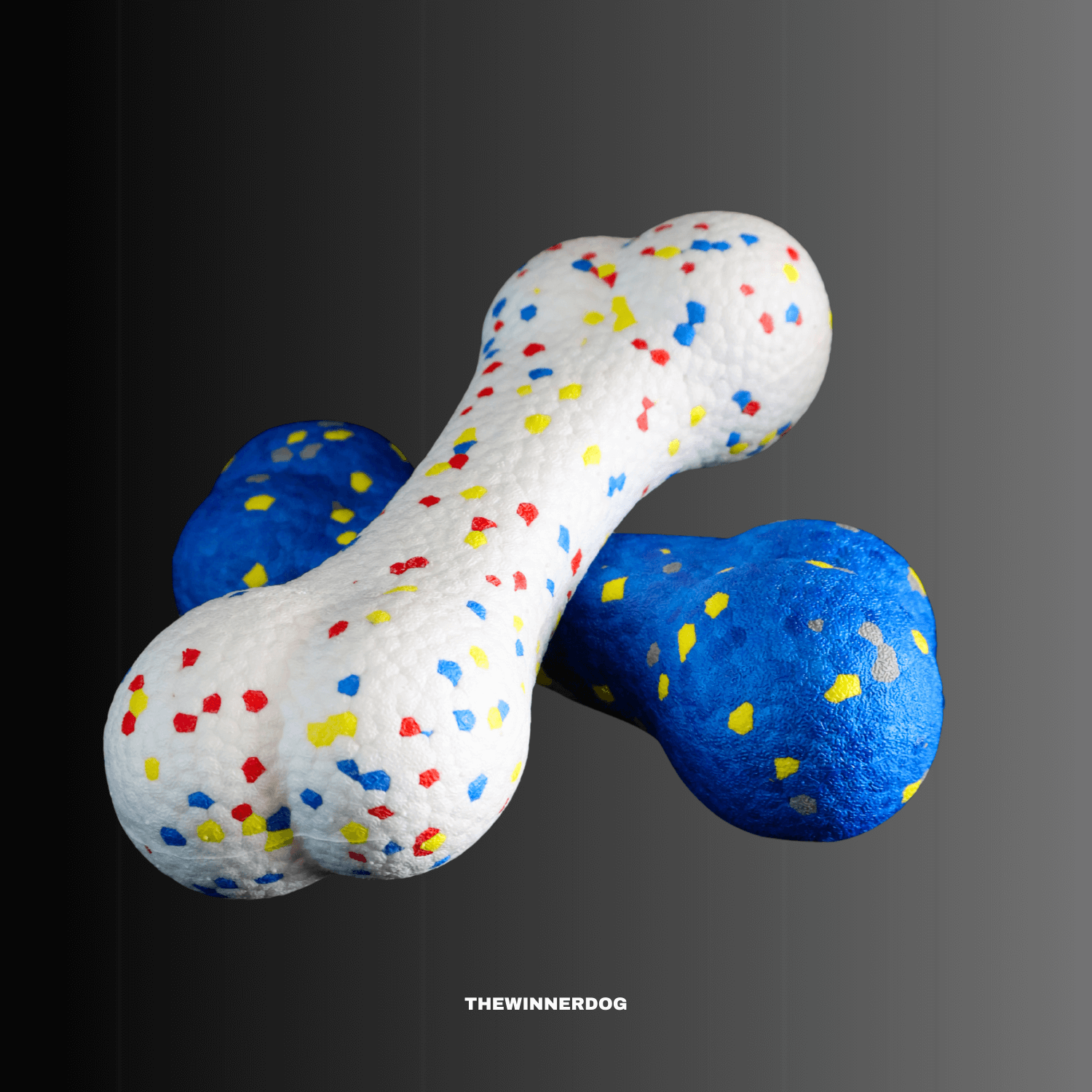 Colorful dog toy with blue and white design 