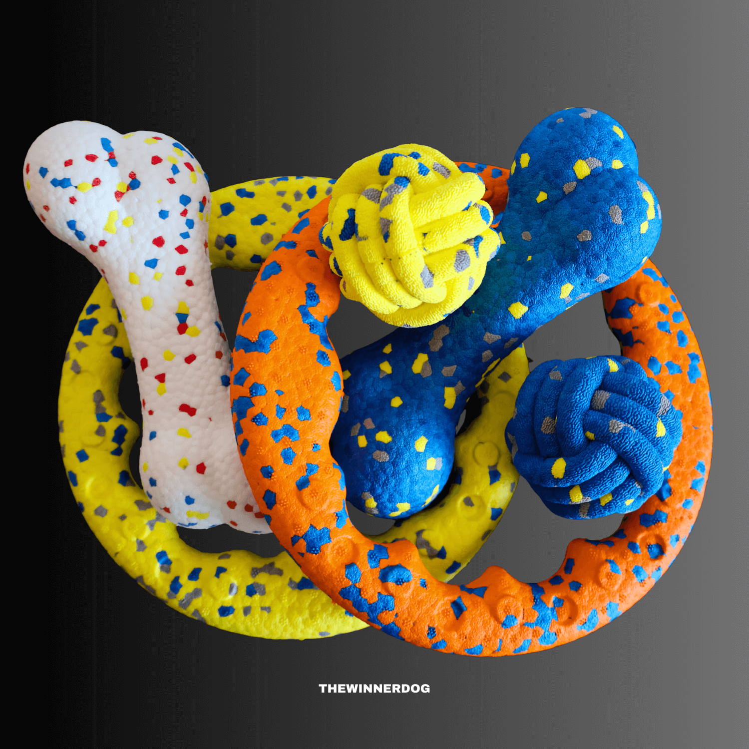 Colorful dog toys with bone and ring designs 