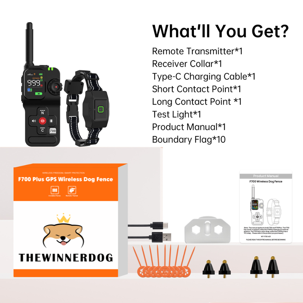 wdF700 Plus GPS Wireless Dog Fence package with remote transmitter, receiver collar, and accessories 
