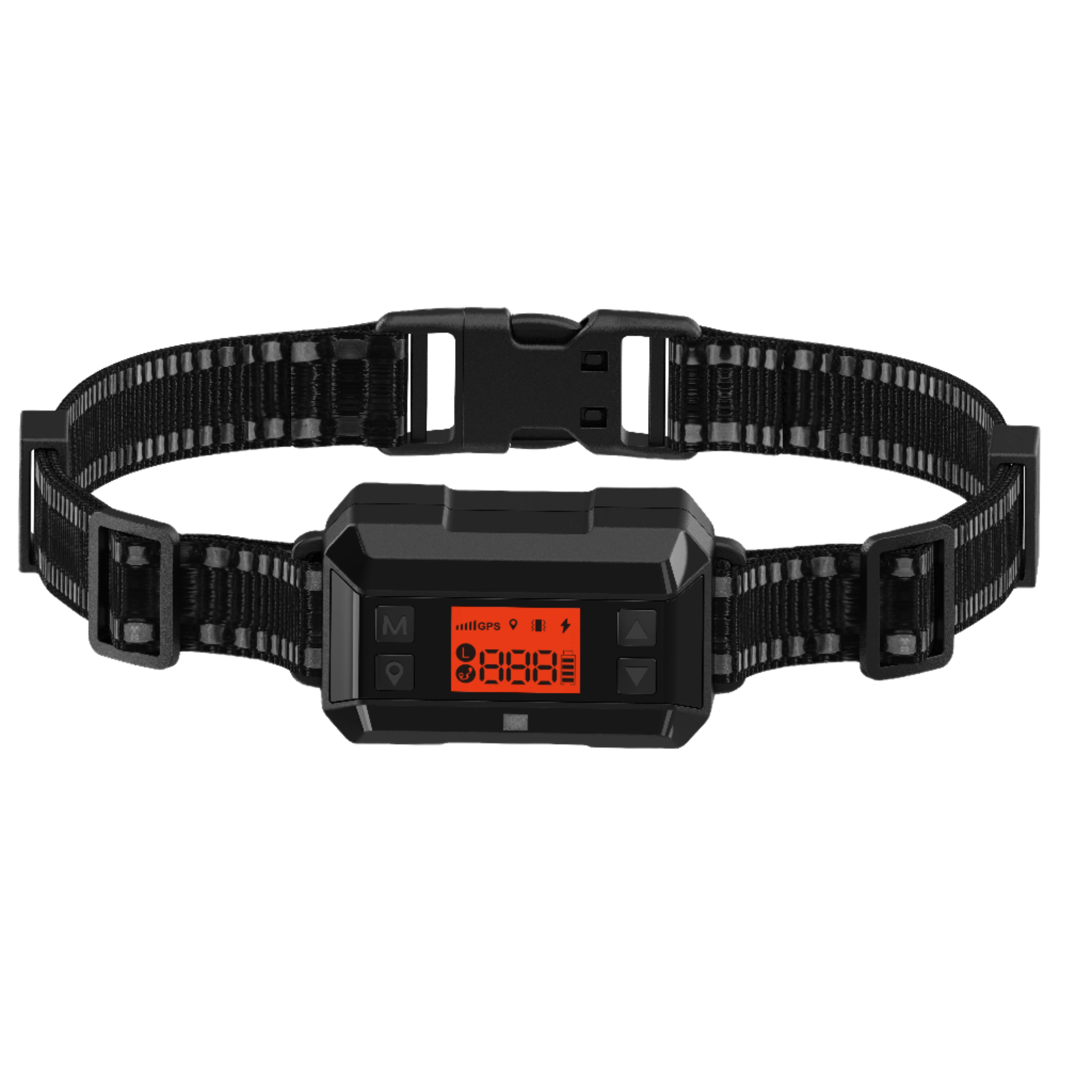 Black electronic dog collar with digital display on a white background