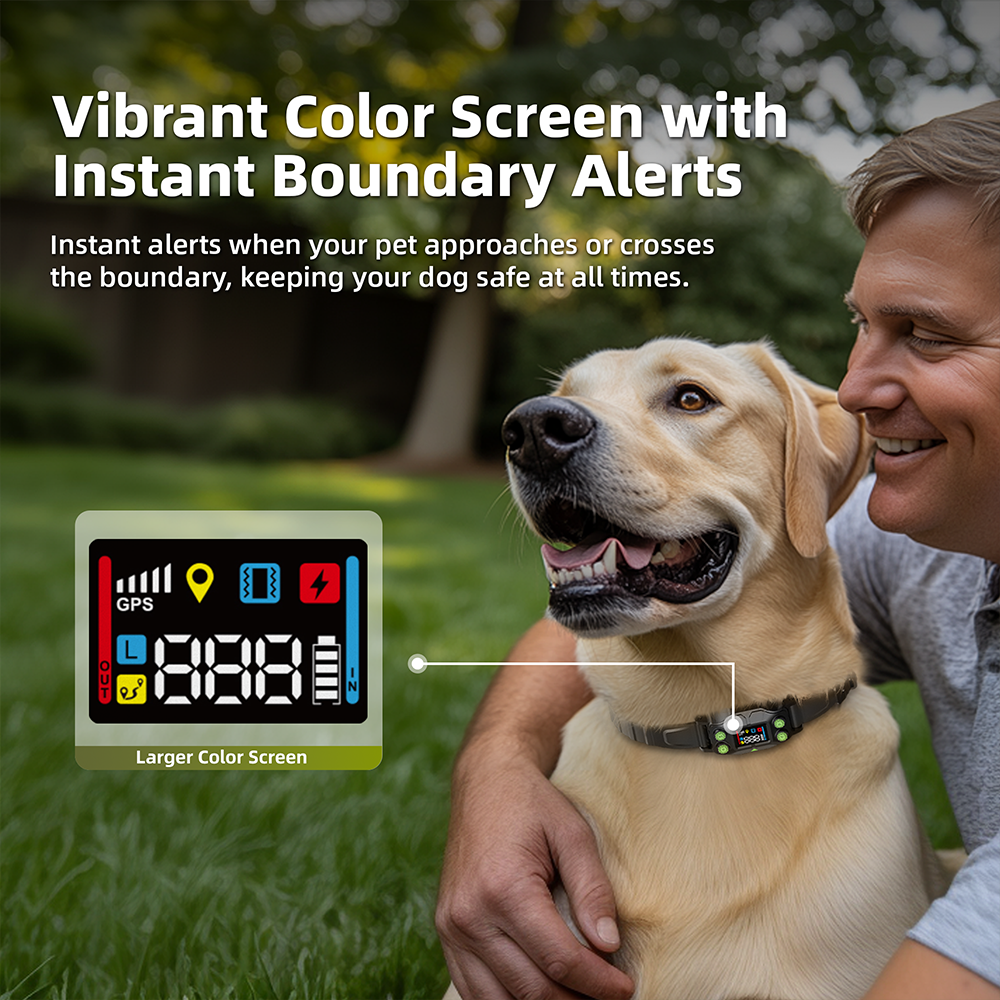 Man with a dog wearing Electronic Dog Fence, with text about vibrant color screen and instant boundary alerts.